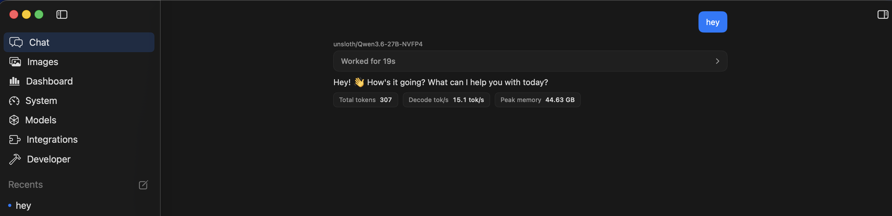 Nativ's chat view running Qwen3.6 27B locally, with token count, decode speed, and peak memory shown per response