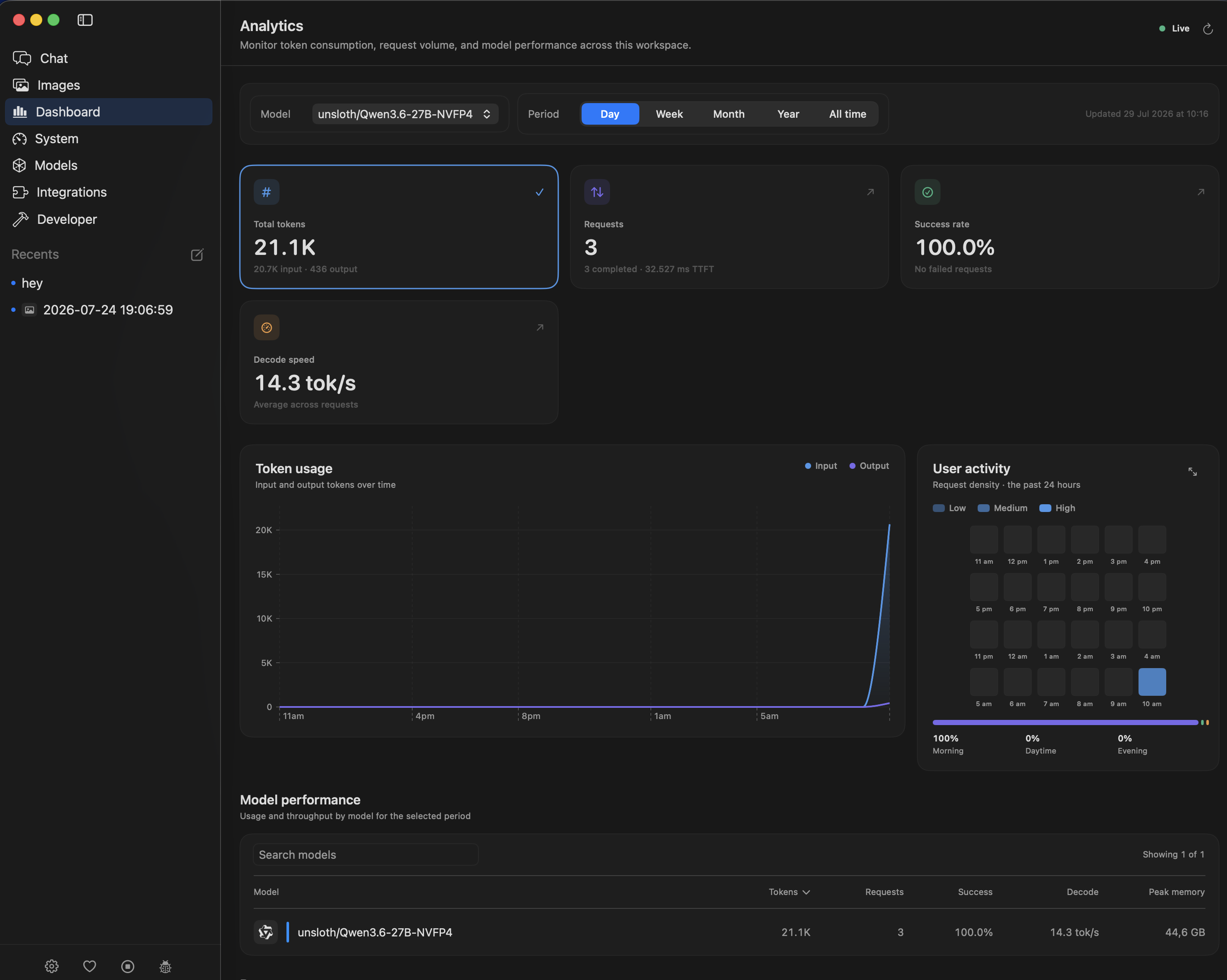 Nativ's live analytics: total tokens, requests, success rate, decode speed, token usage over time, and per-model performance