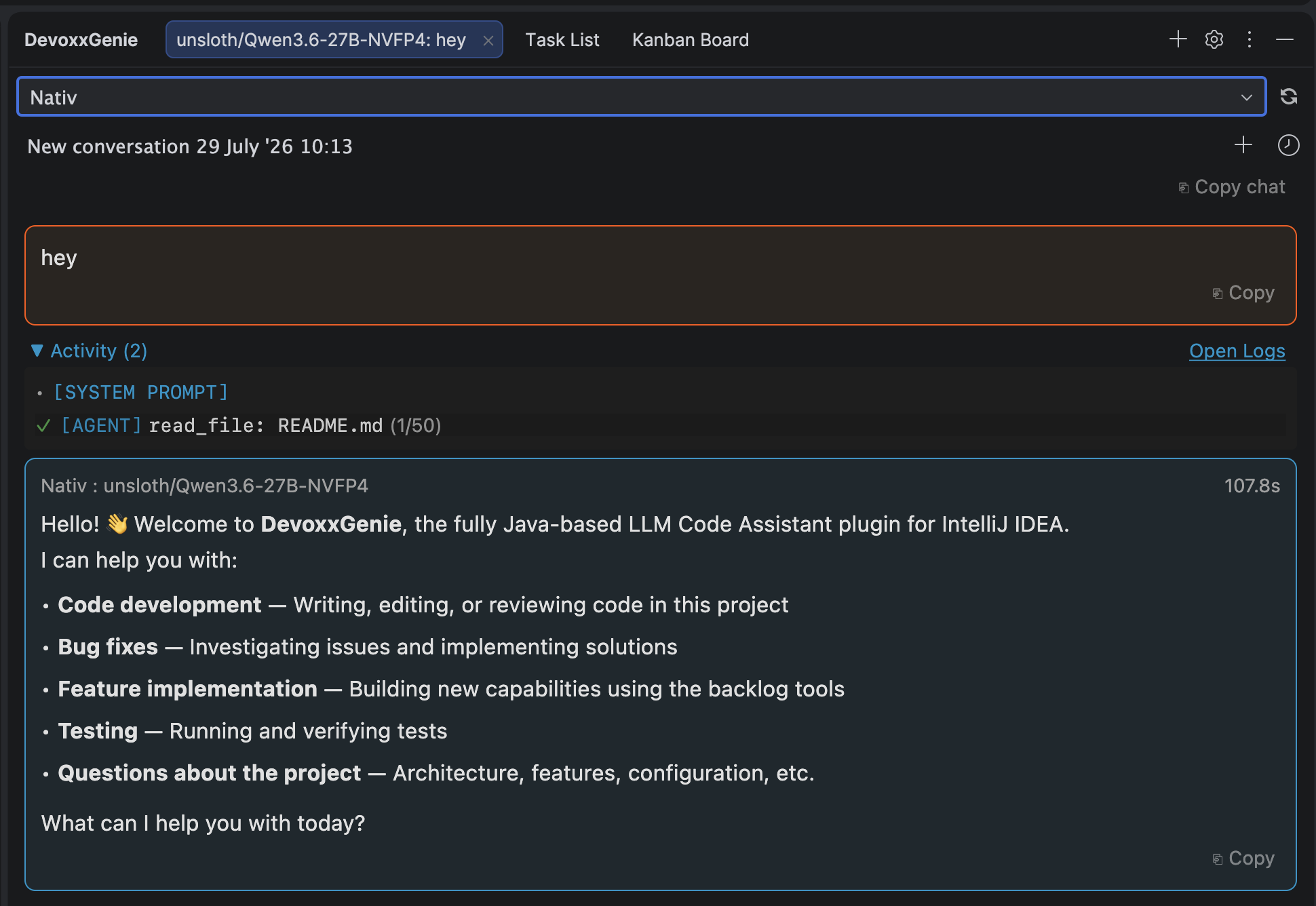 DevoxxGenie running agent mode against Nativ: the Activity panel shows the system prompt and a read_file tool call before the model answers