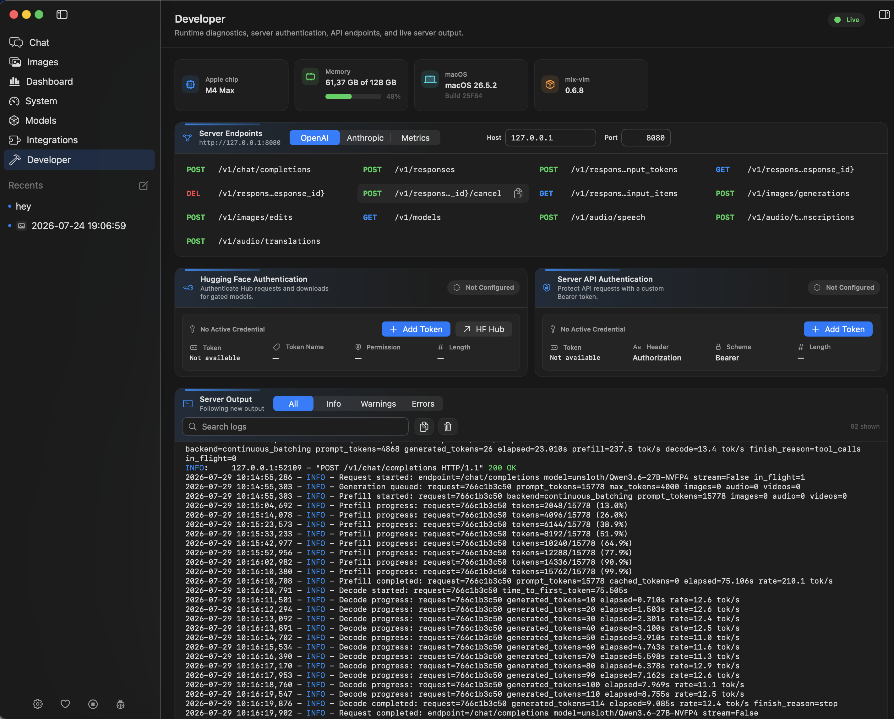 Nativ's Developer page: OpenAI and Anthropic endpoint tabs, host/port configuration, authentication, and live server logs