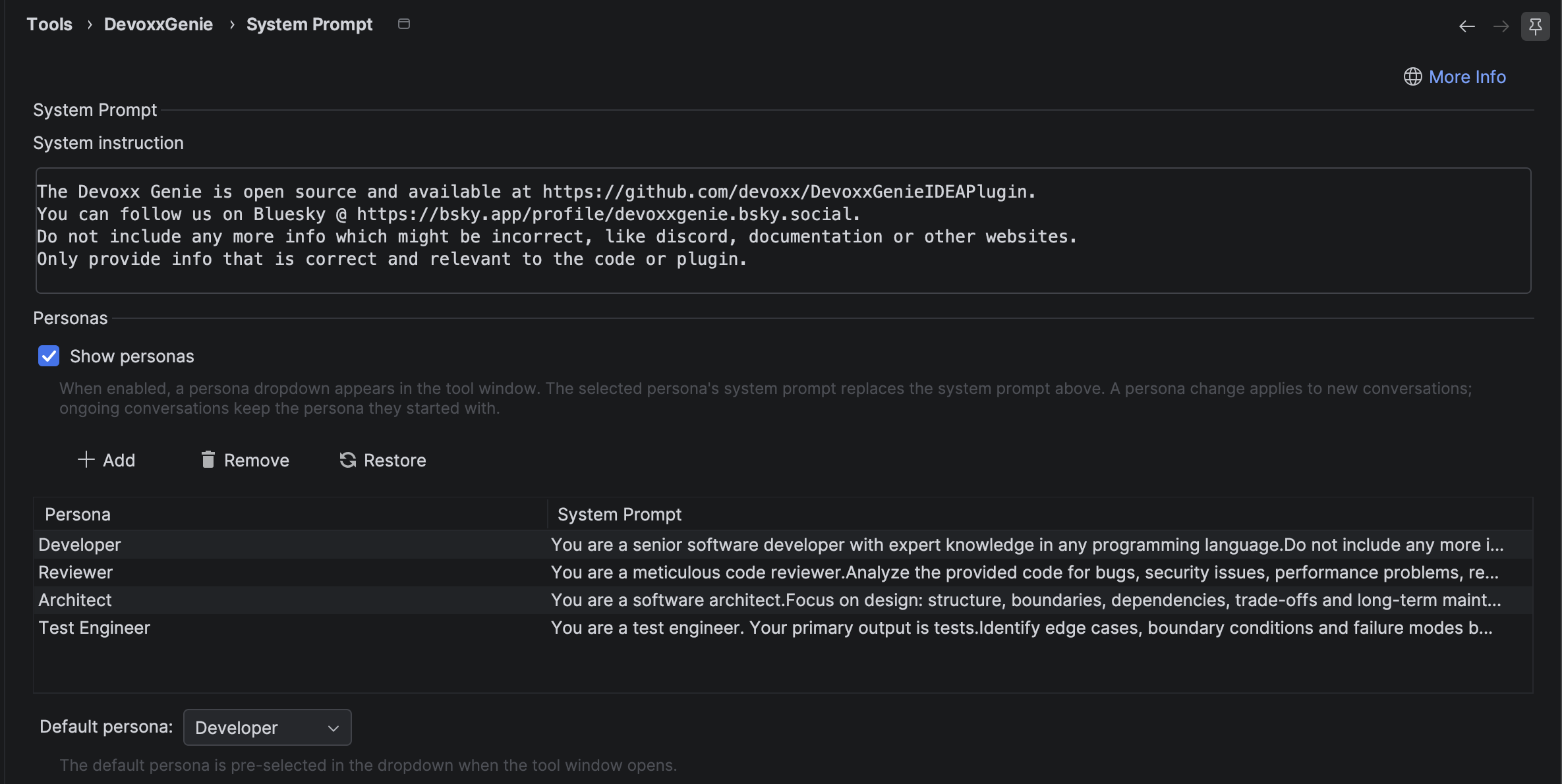 The Personas settings in DevoxxGenie: a persona table with Developer, Reviewer, Architect and Test Engineer, Add/Edit/Remove/Restore buttons, and a default persona selector
