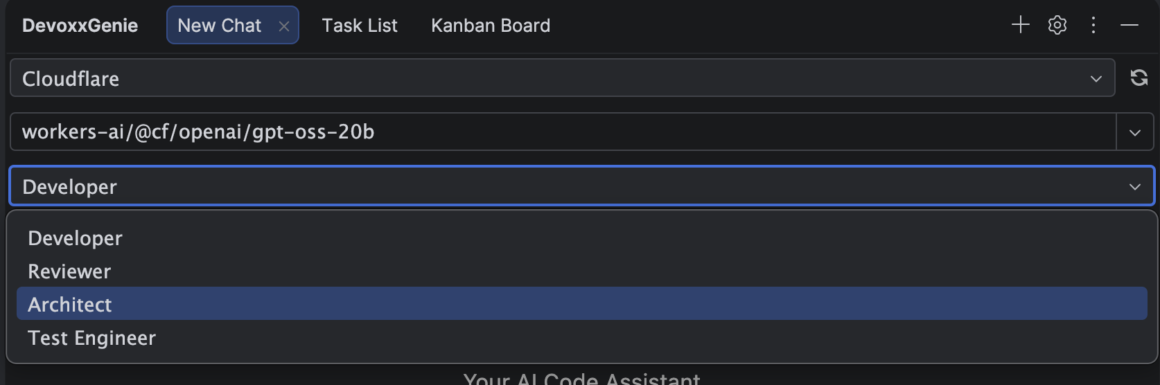 The DevoxxGenie tool window with the persona dropdown open, showing Developer, Reviewer, Architect and Test Engineer below the provider and model selectors