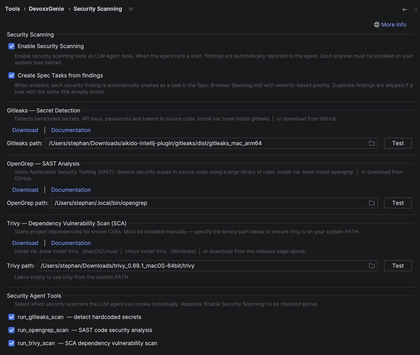 Security Scanning settings panel