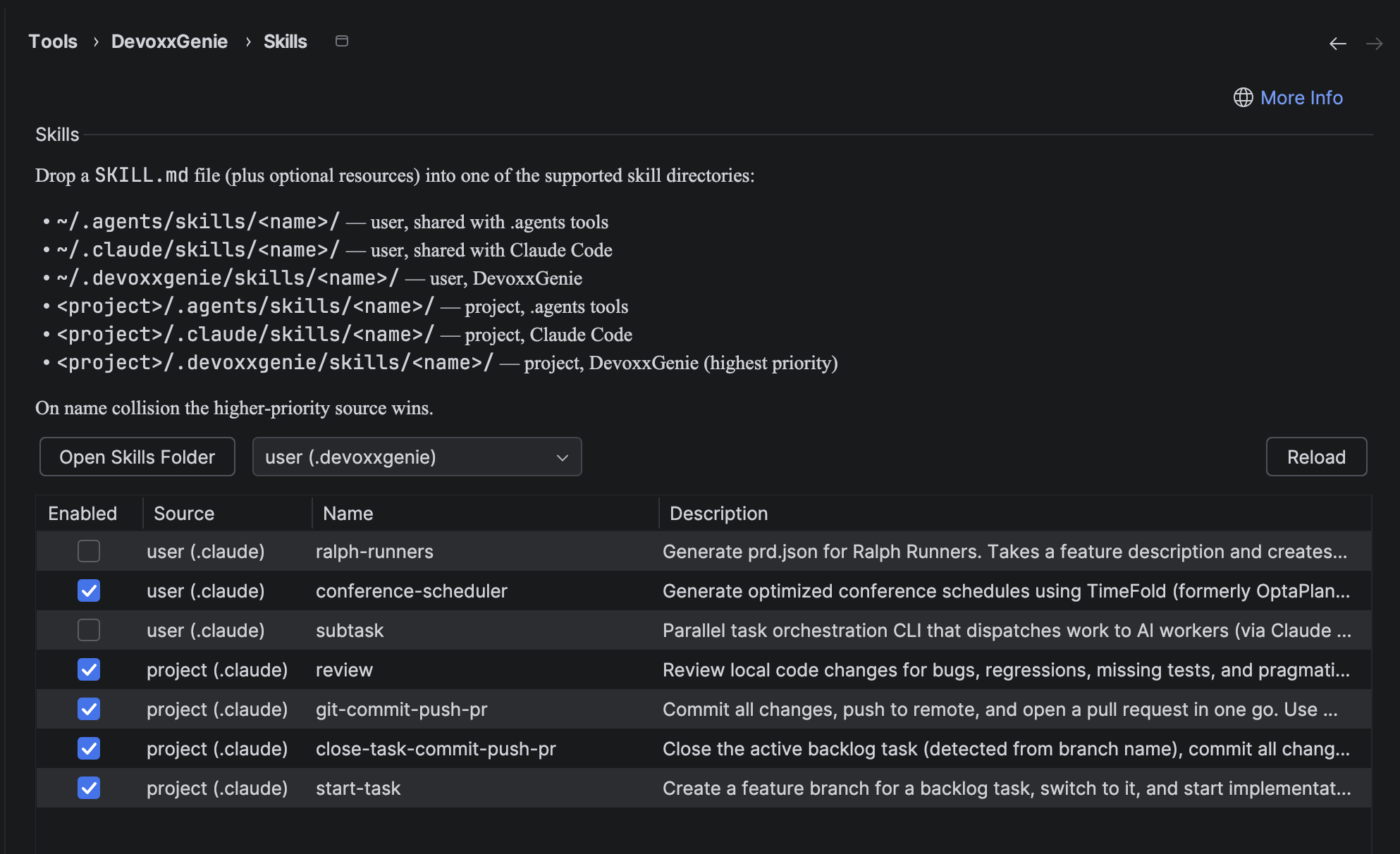 Skills settings — the table lists skills loaded from ~/.claude/skills, ~/.agents/skills and ~/.devoxxgenie/skills