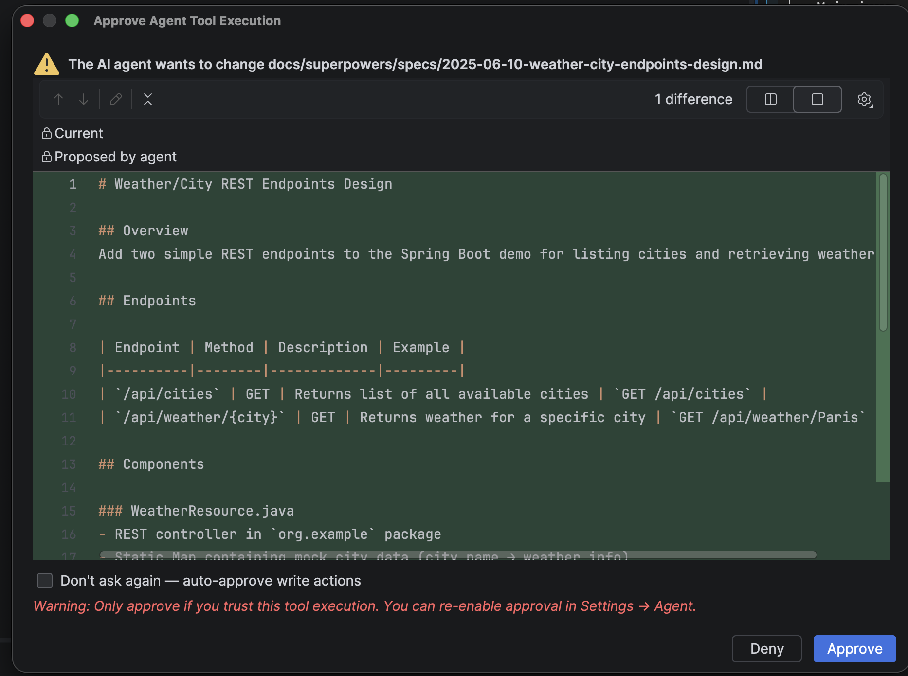 The Approve Agent Tool Execution dialog showing a diff of the file the agent wants to change