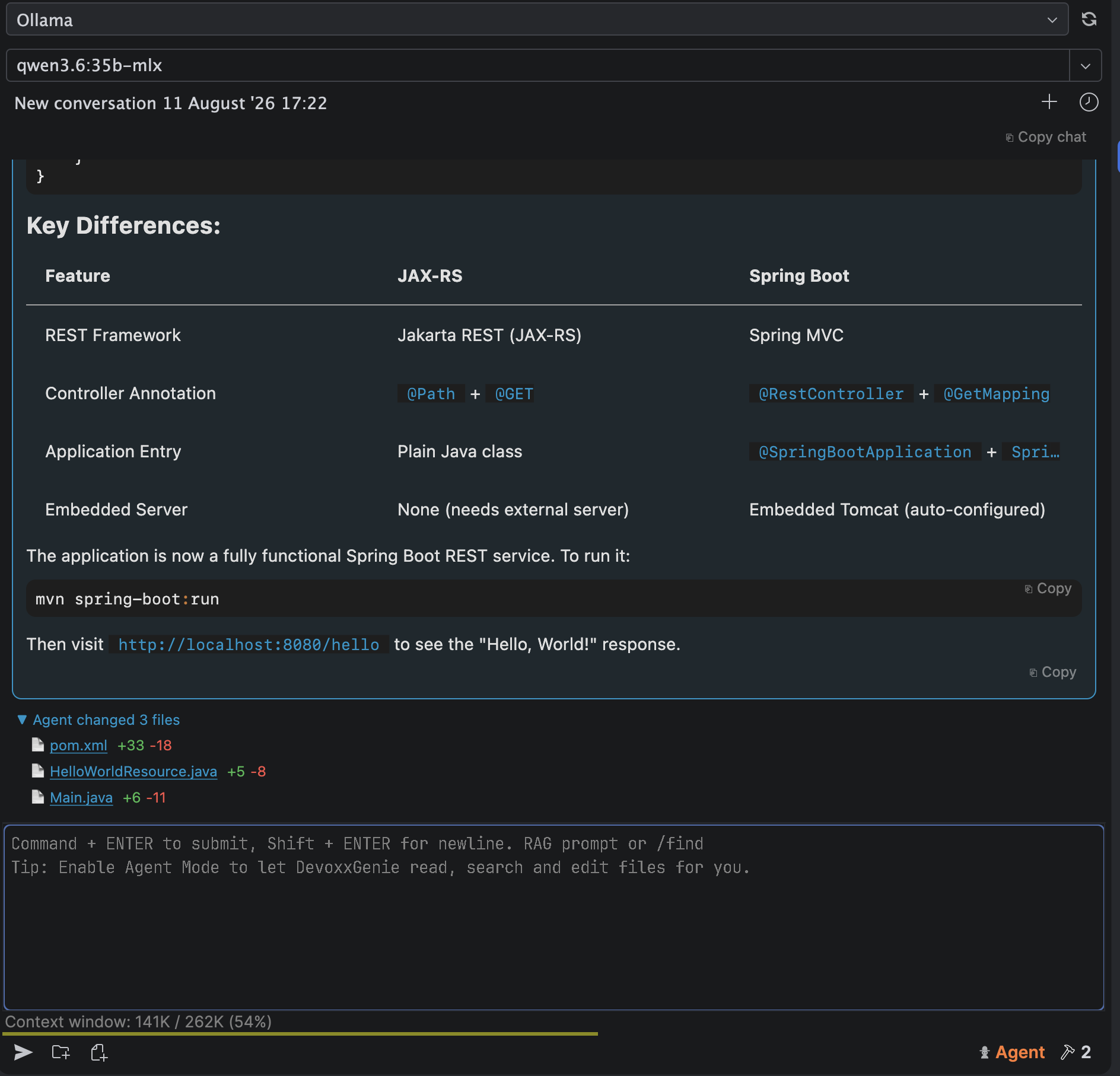 An agent run listing the three files it changed, each with line counts