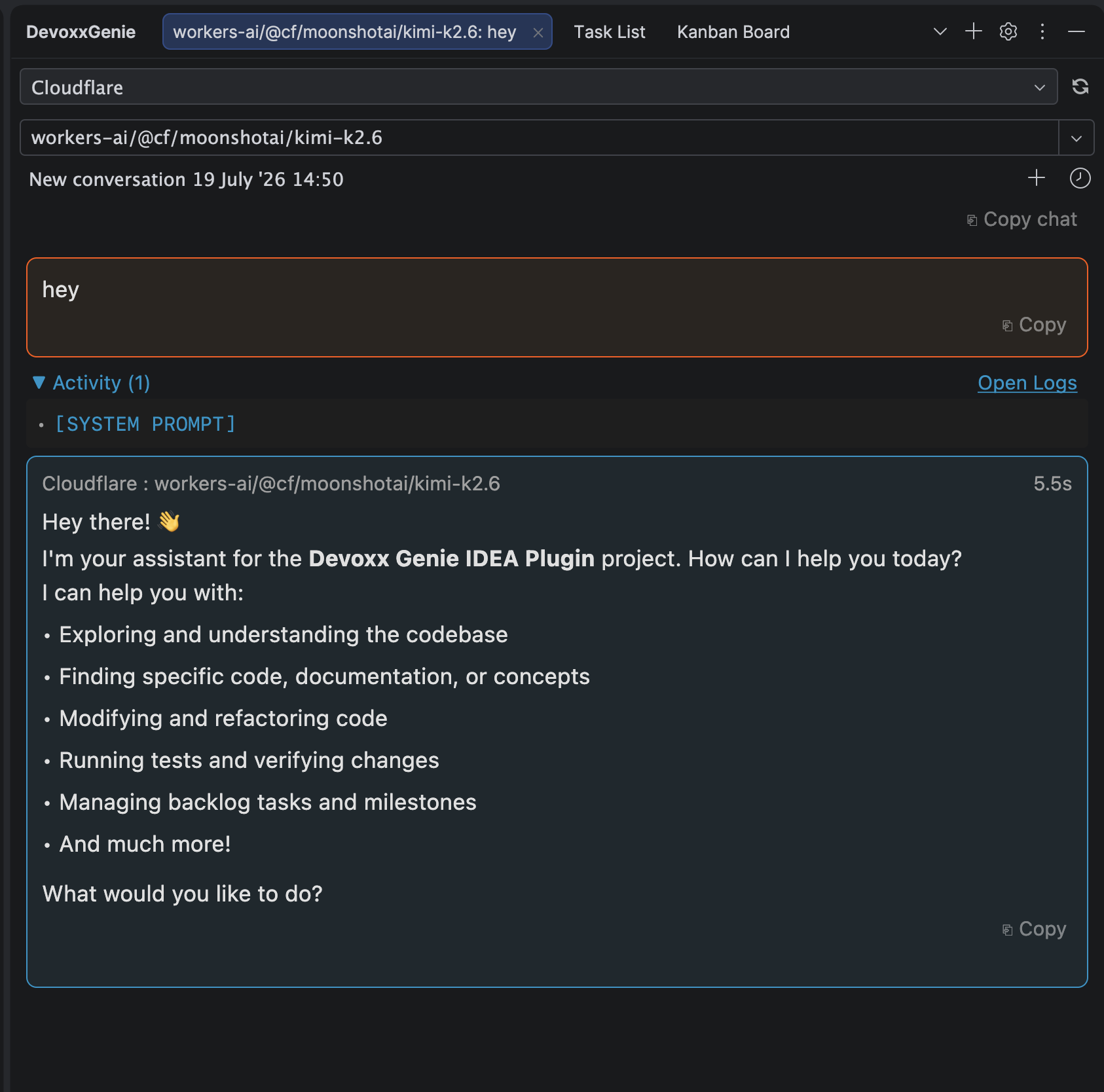 A working Cloudflare AI Gateway conversation in DevoxxGenie