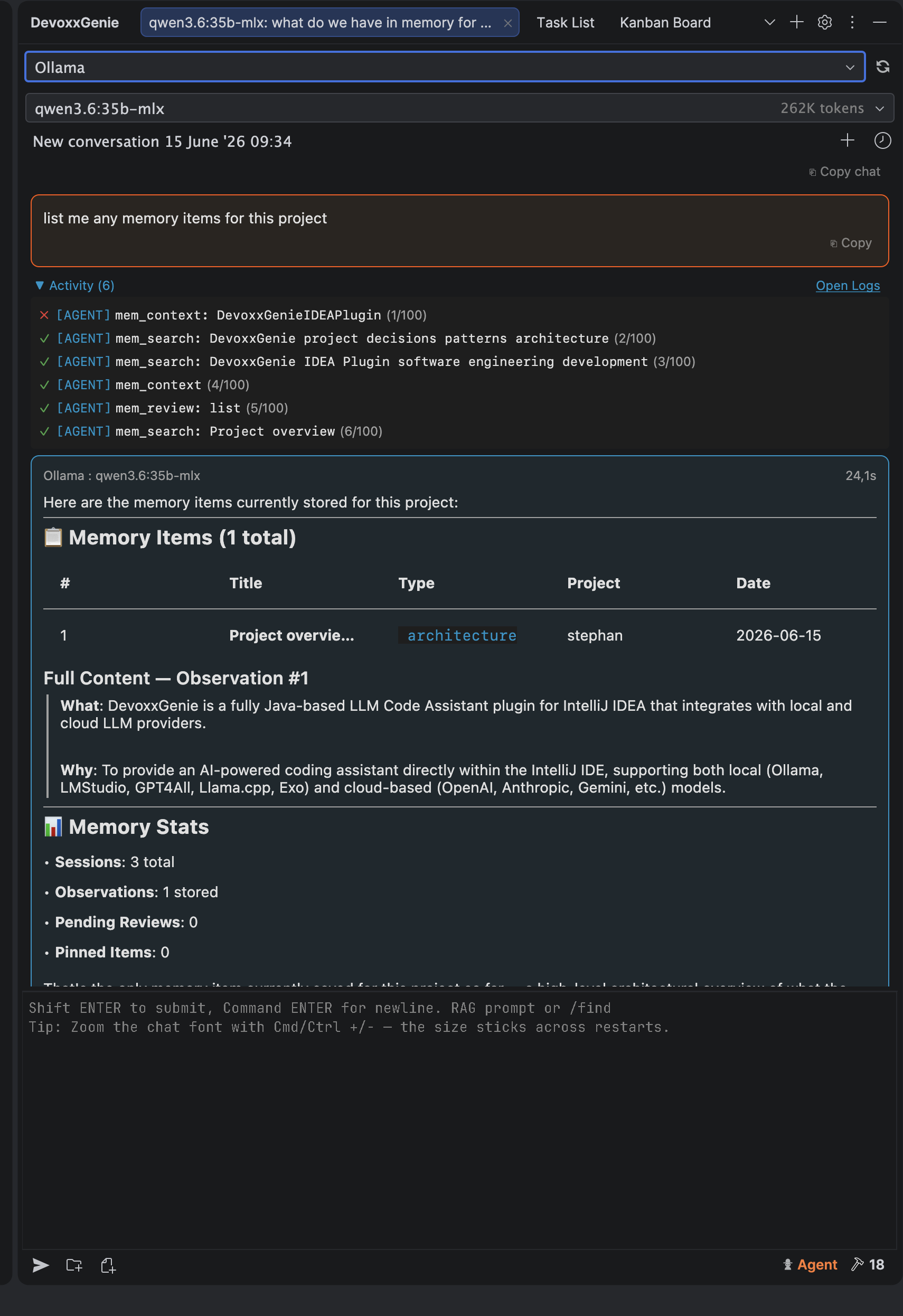 Engram memory retrieval in action inside DevoxxGenie