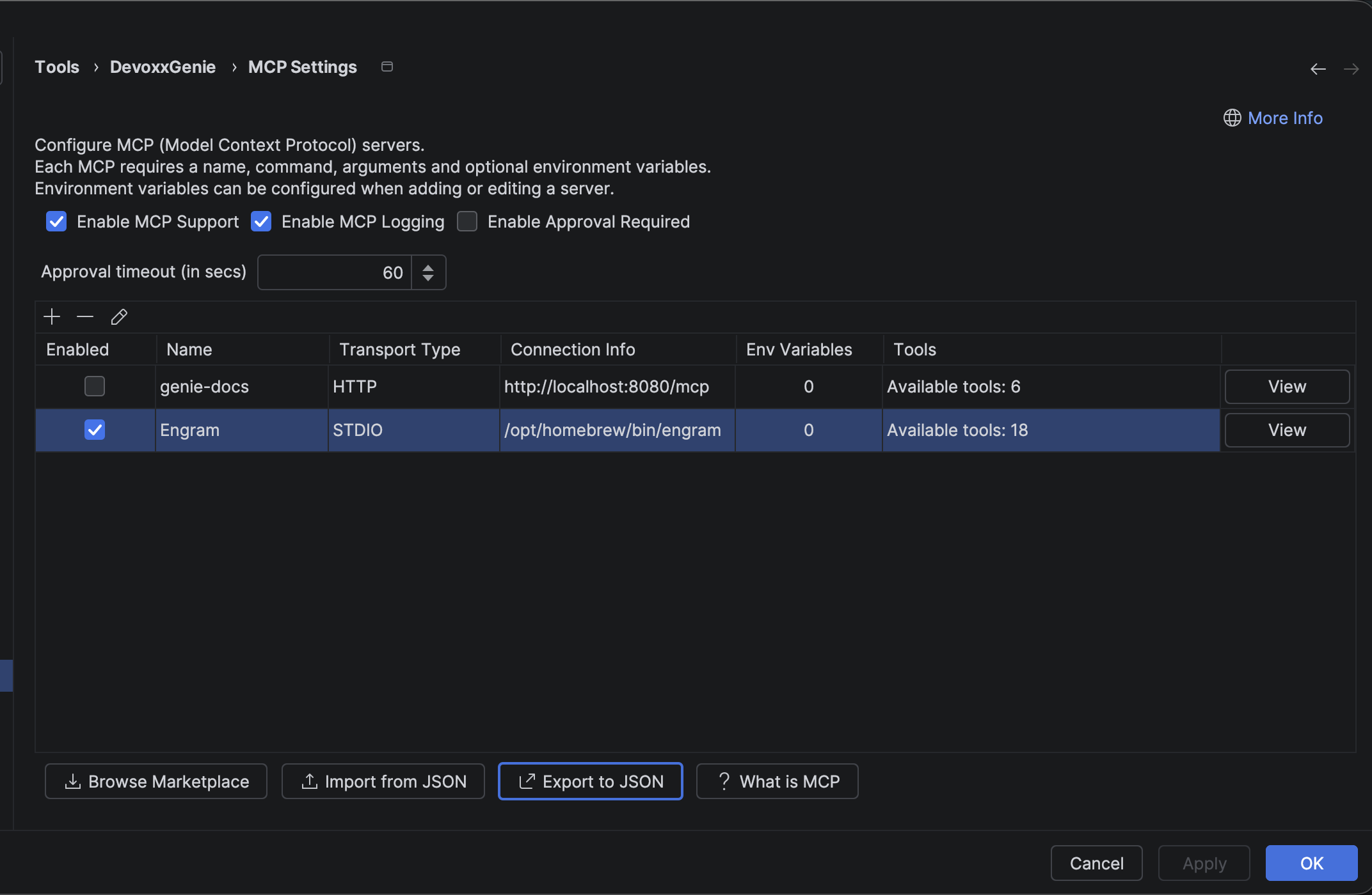 Engram configured as an MCP server in DevoxxGenie