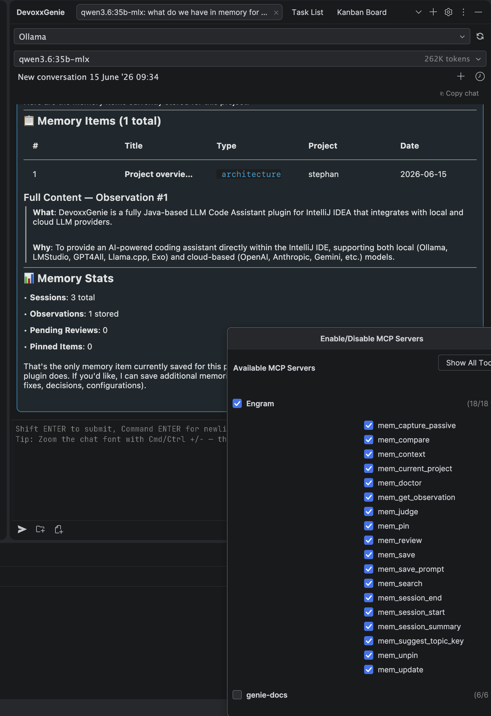 Engram MCP tools enabled in DevoxxGenie agent mode