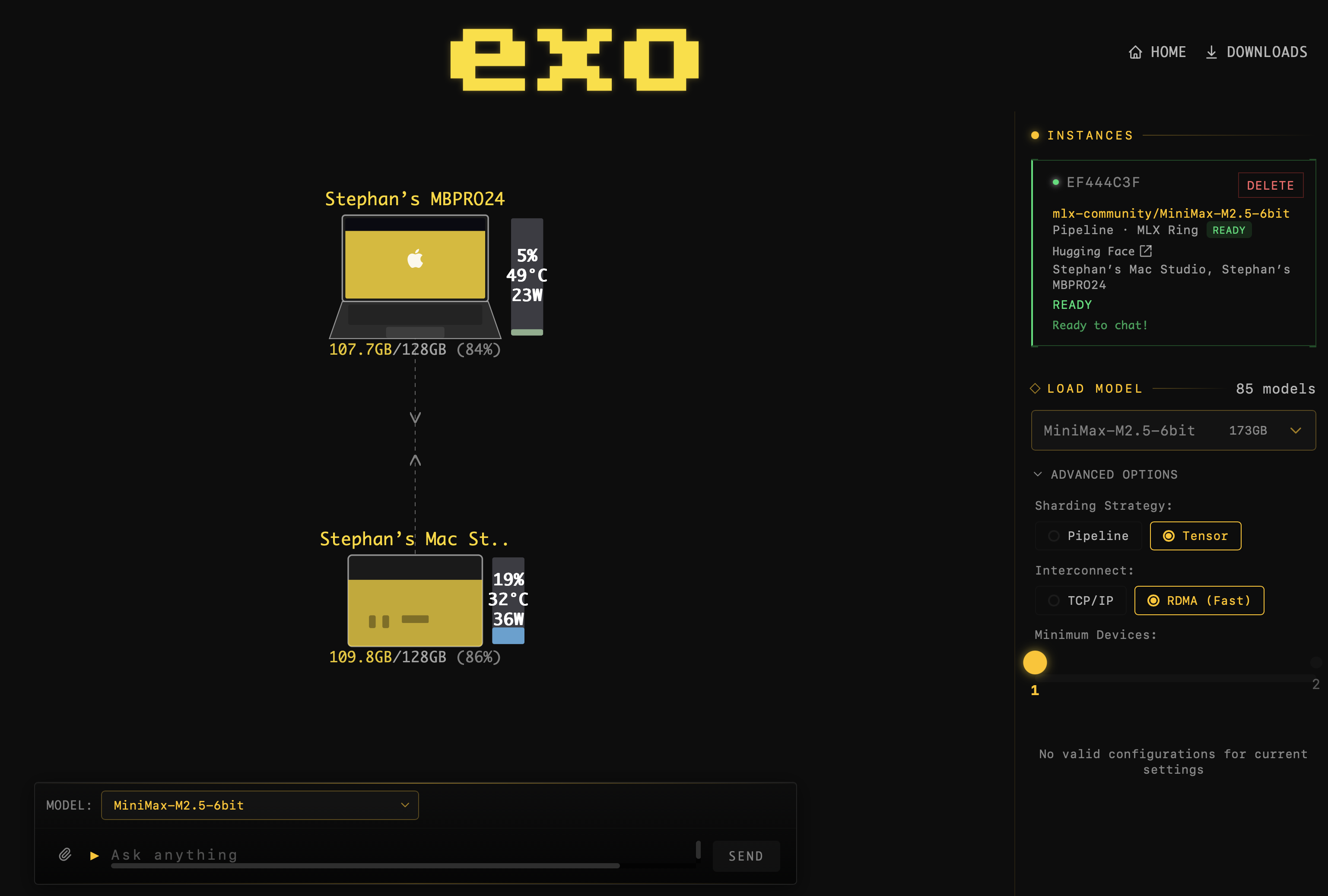 Exo instance ready with MiniMax M2.5 loaded across two nodes