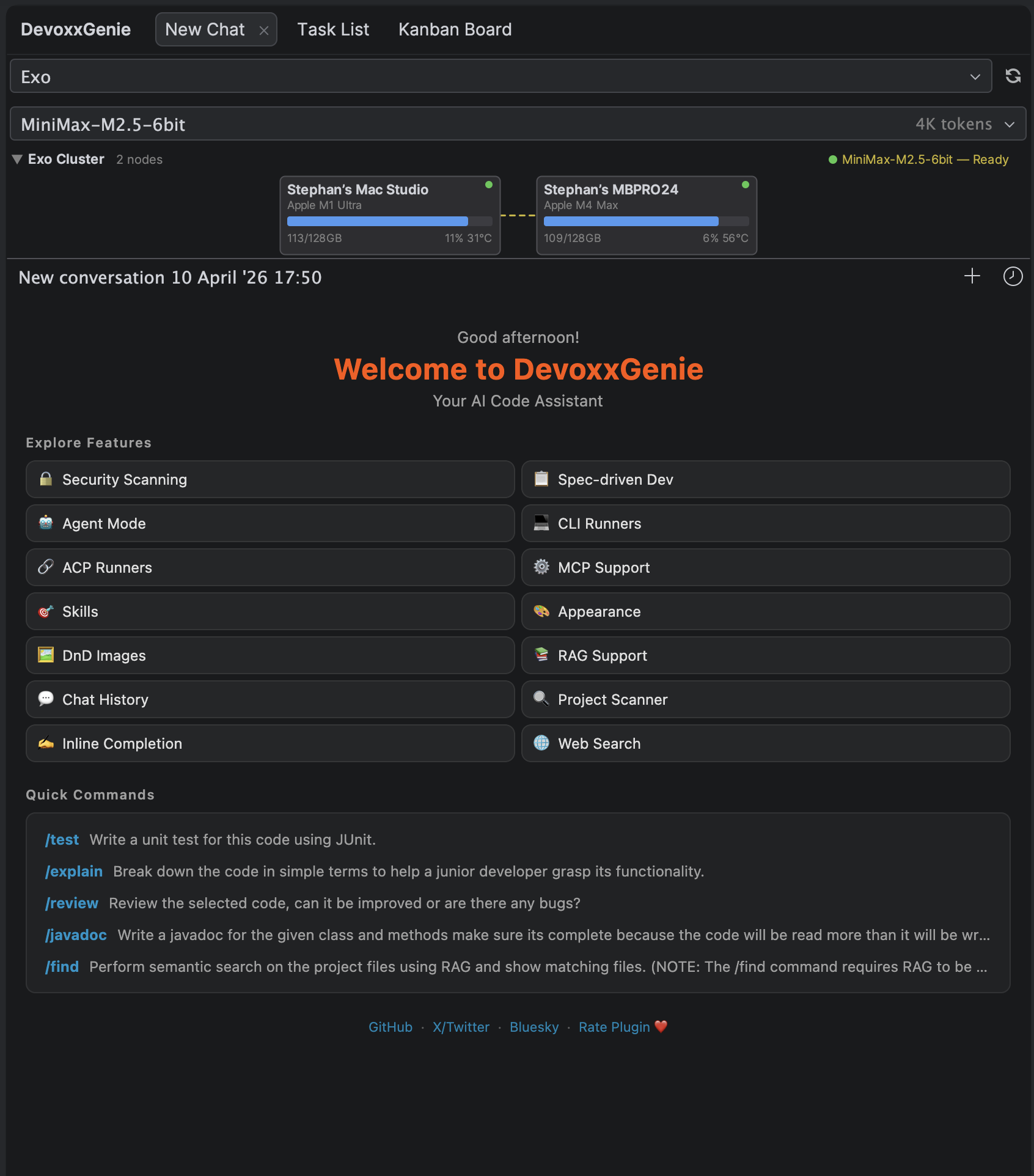 DevoxxGenie Exo cluster panel