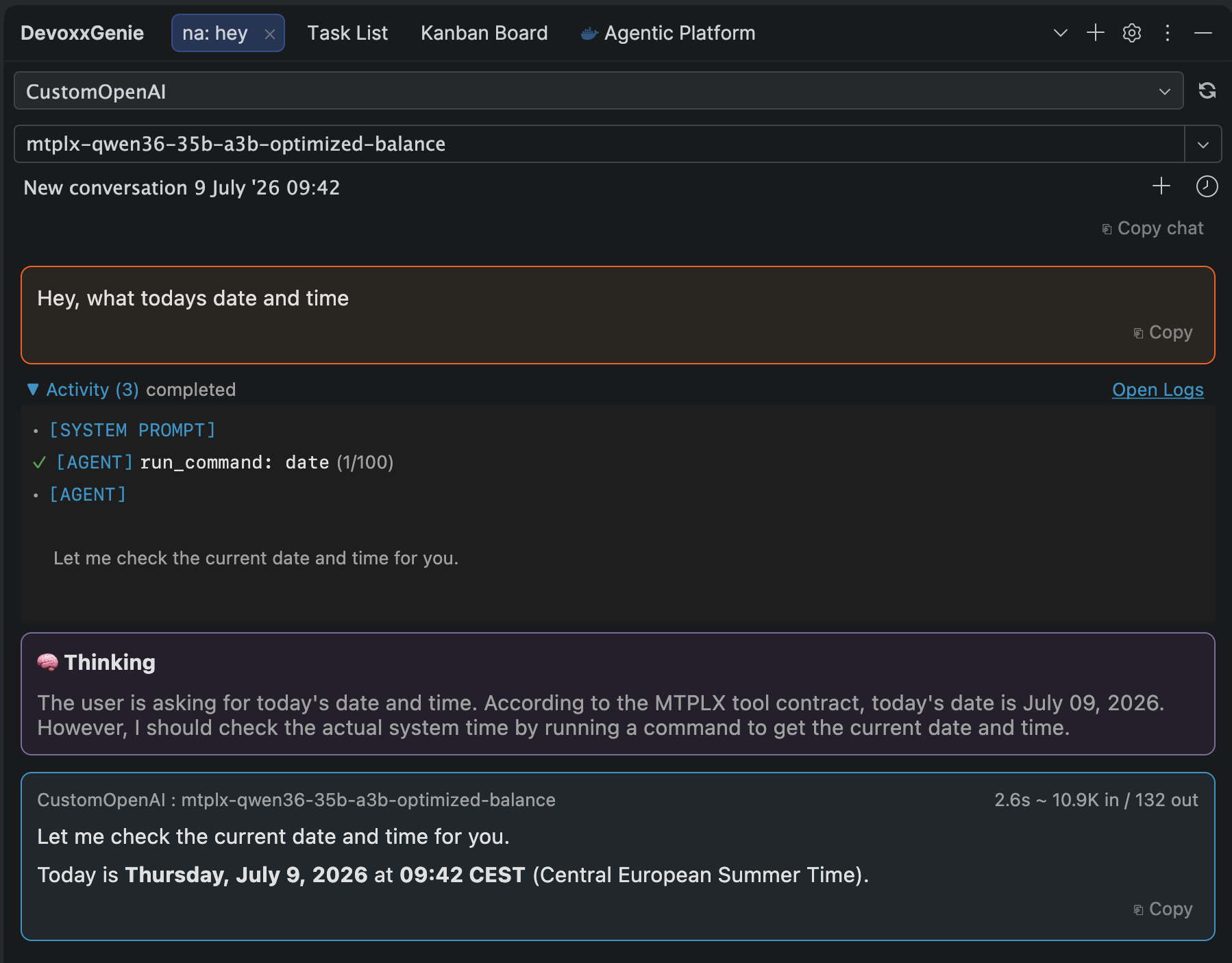 DevoxxGenie chatting with MTPLX-served Qwen 3.6 35B, showing a run_command tool call and a thinking block