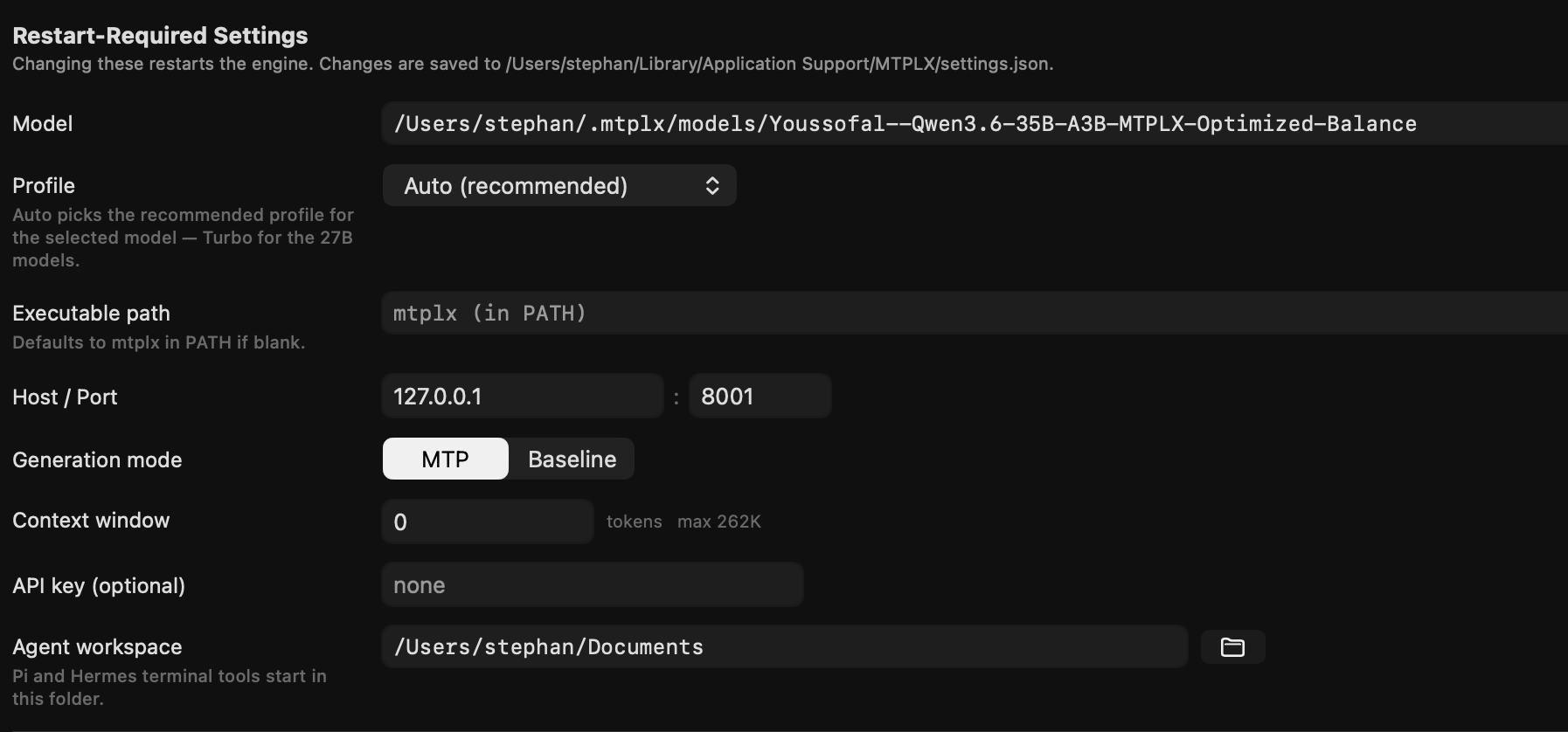 MTPLX server settings: host 127.0.0.1, port 8001, generation mode MTP