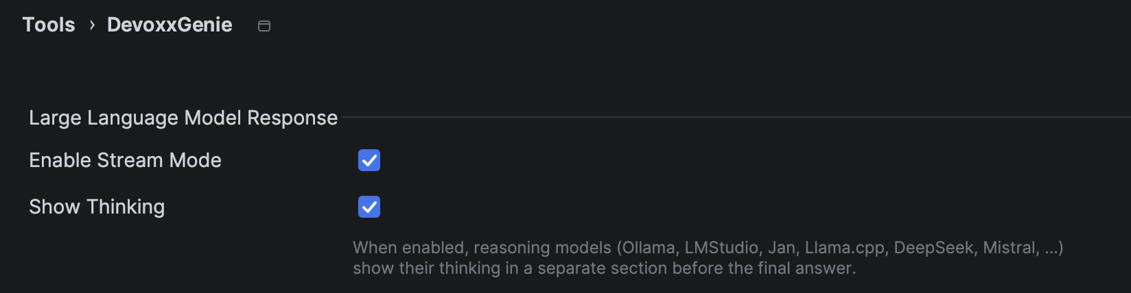 The Show Thinking checkbox in DevoxxGenie settings