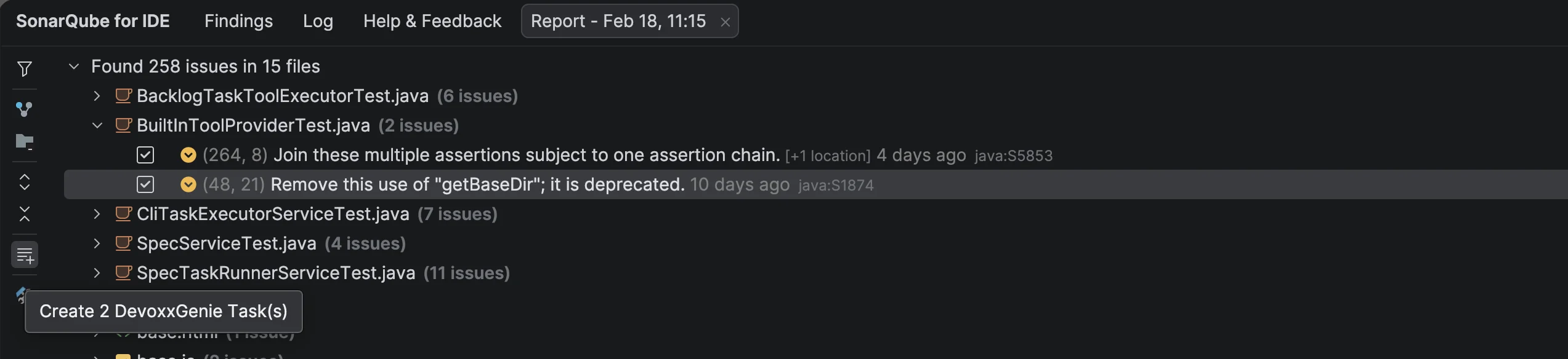 Task creation toolbar action
