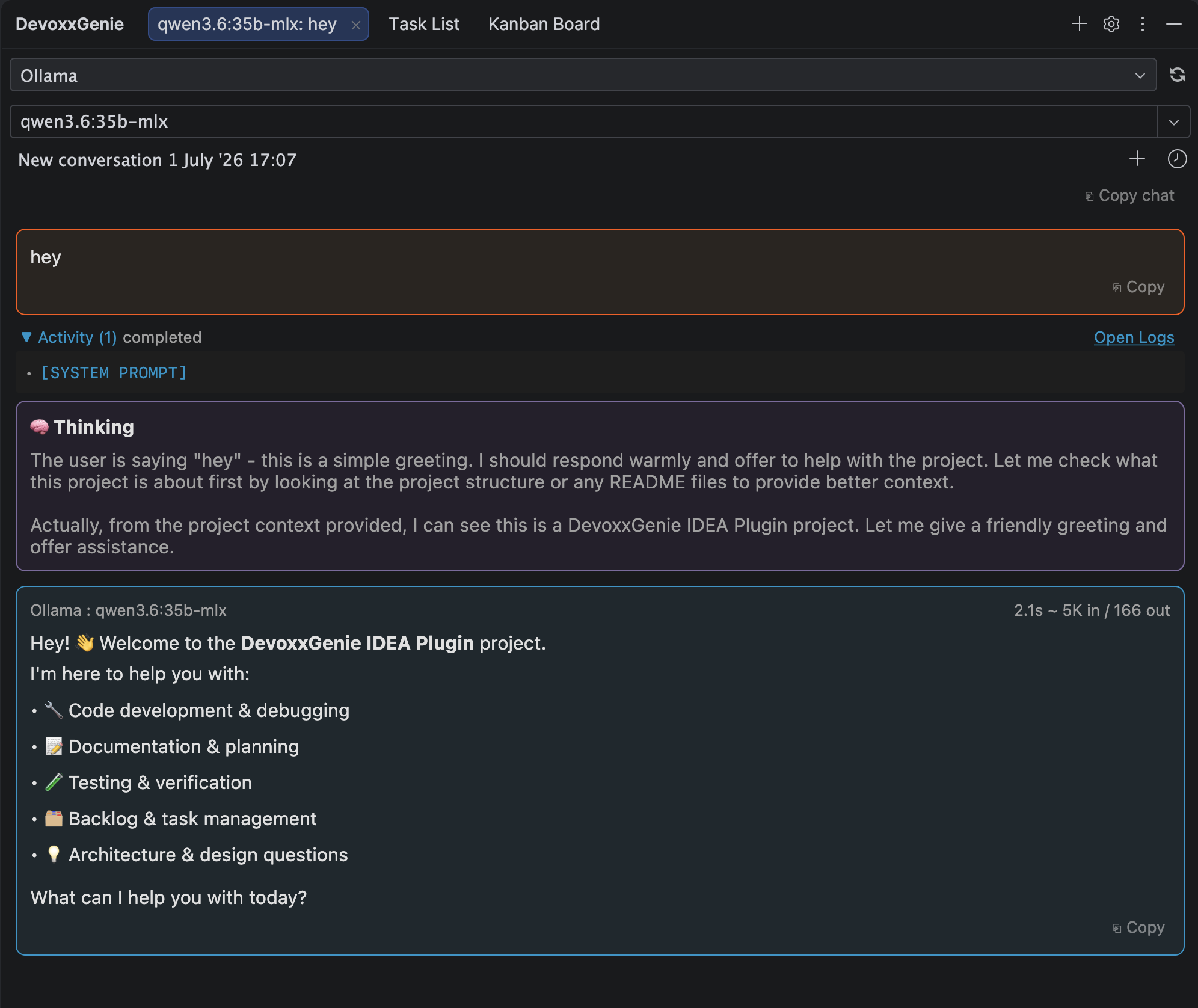 The model's thinking shown live in the DevoxxGenie chat, above its final answer