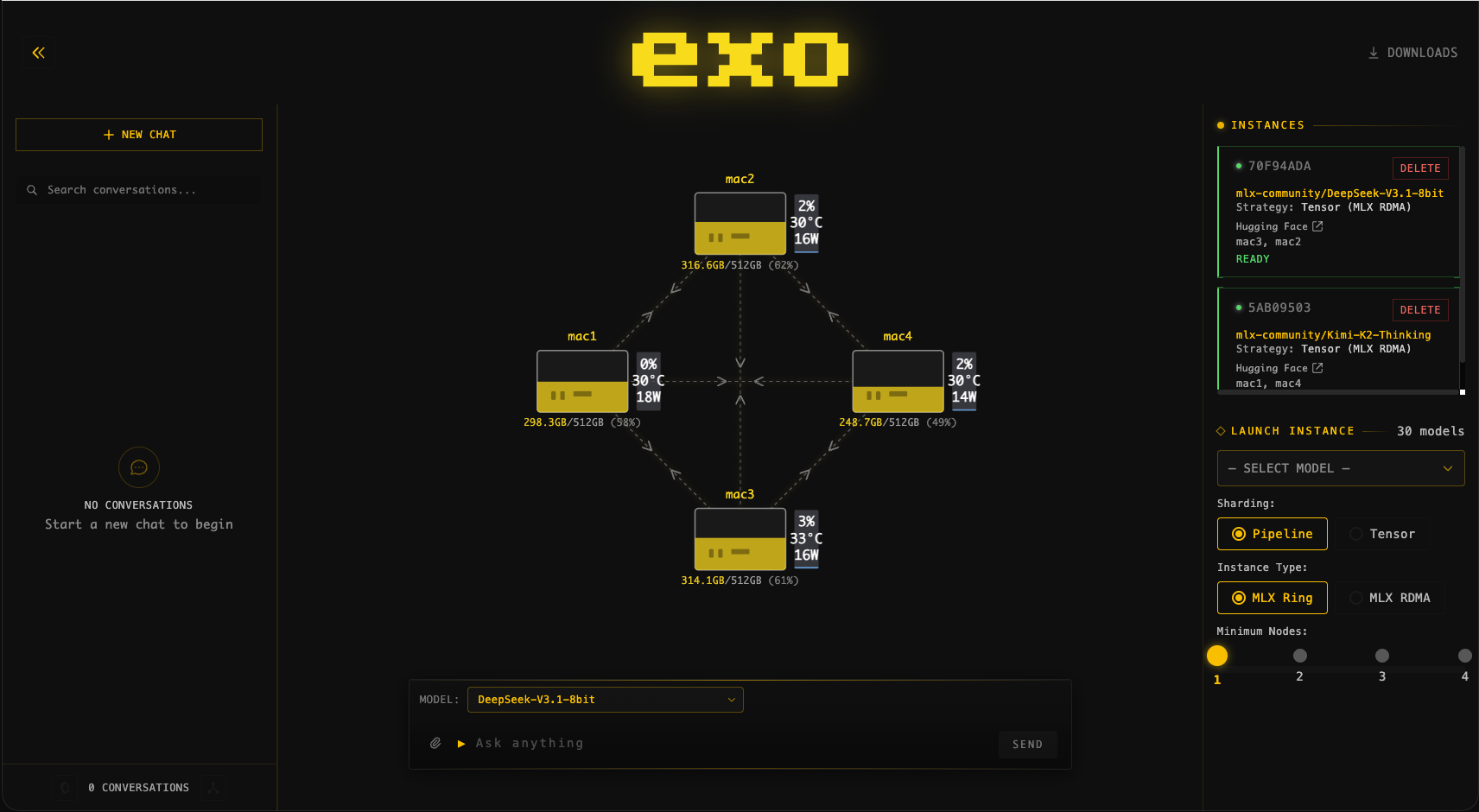 Exo distributed AI cluster dashboard showing connected devices